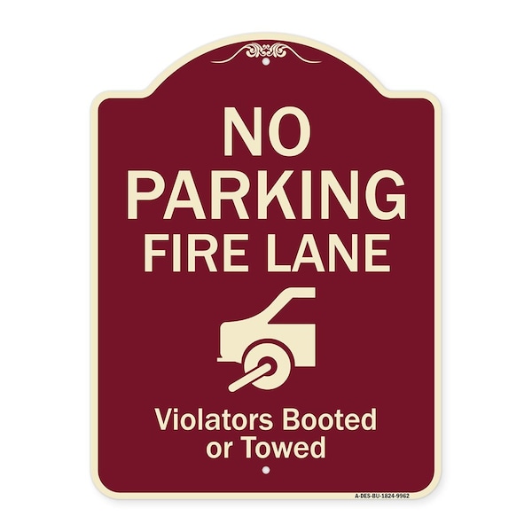Designer Series-No Parking Fire Lane With Graphic Violators Booted Or Towed, 24" x 18", BU-1824-9962